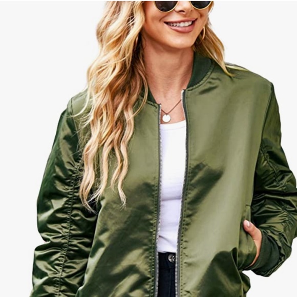 Women Fashion Satin Bomber Jacket Zip Up Casual Jacket Coat with Pocket Outfit - Picture 1 of 6
